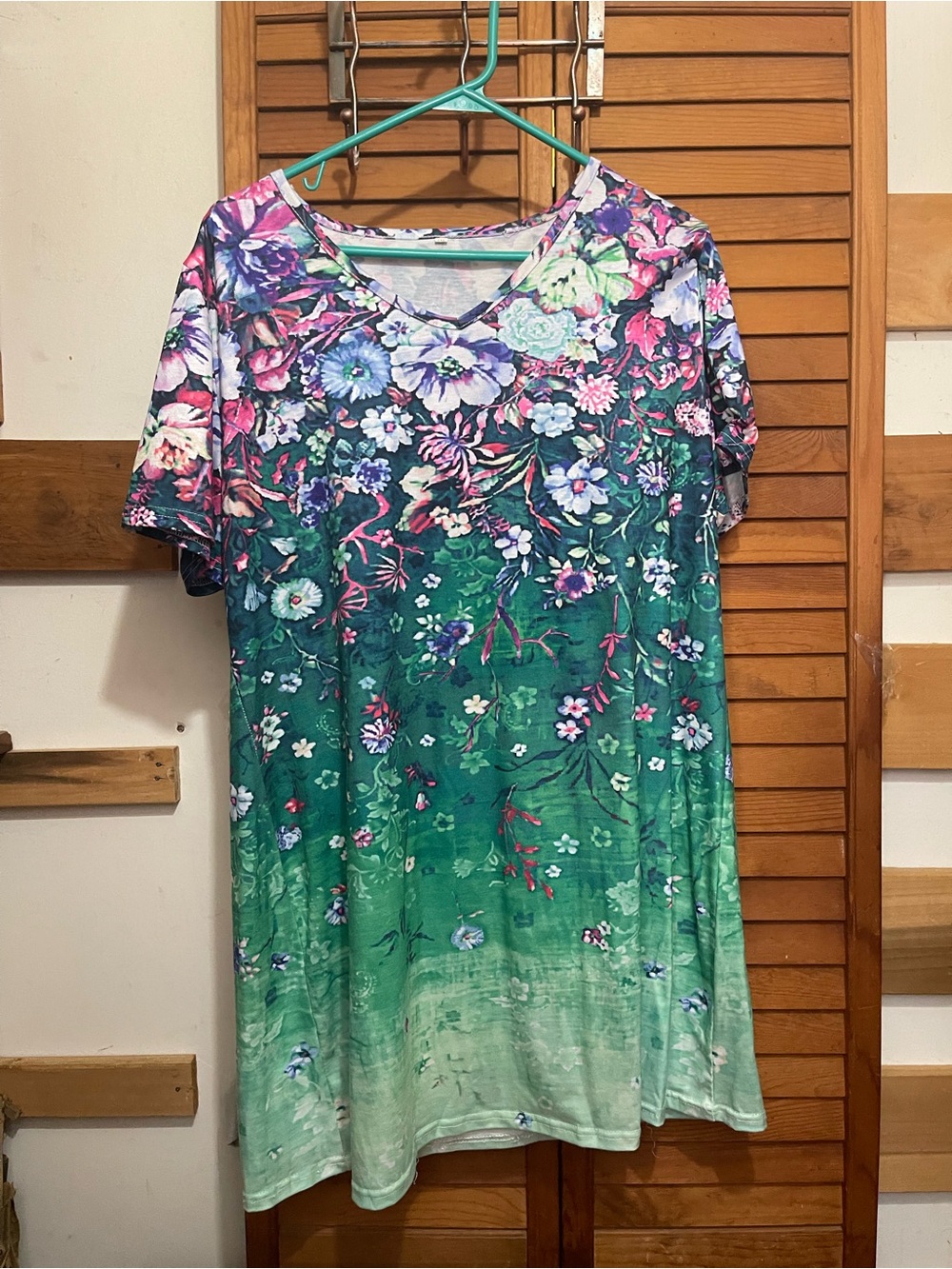 Floral V-Neck Ombre Tunic Dress - Green Multicolor